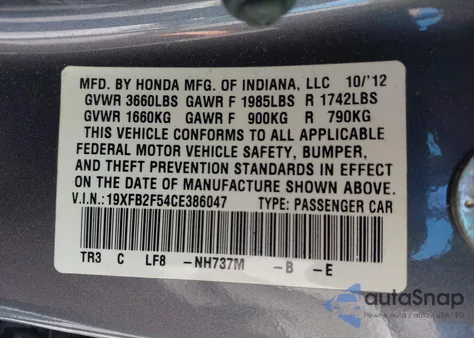 2012 Honda Civic Lx z USA, uszkodzony, nr VIN 19XFB2F54CE386047